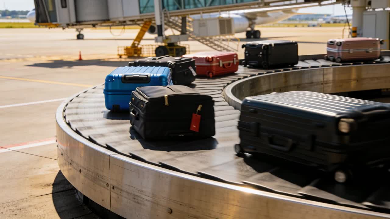飛行機到着後、着陸装置が見えるゲートで、回転する手荷物カルーセルがスーツケースを運んでいる。