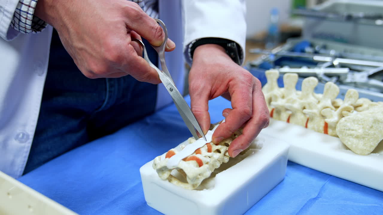 Male hands hold the scissors and cutting the white stripe on the model of spine. Close up. Practice in neurosurgery.