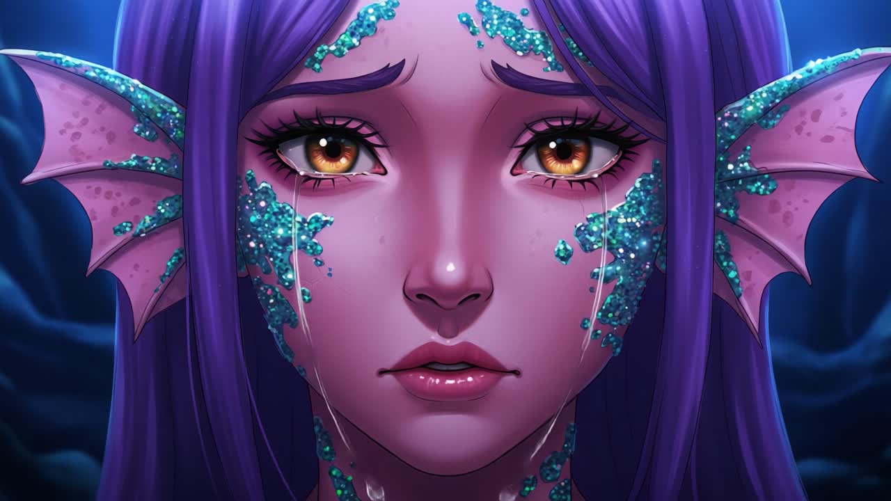 A mesmerizing character with enchanting features showcases deep emotional expressions through shimmering scales and tears, set in a magical underwater realm with captivating colors