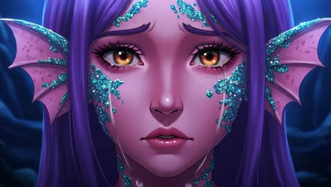 a mesmerizing character with enchanting features showcases deep emotional expressions through shimmering scales and tears, set in a magical underwater realm with captivating colors