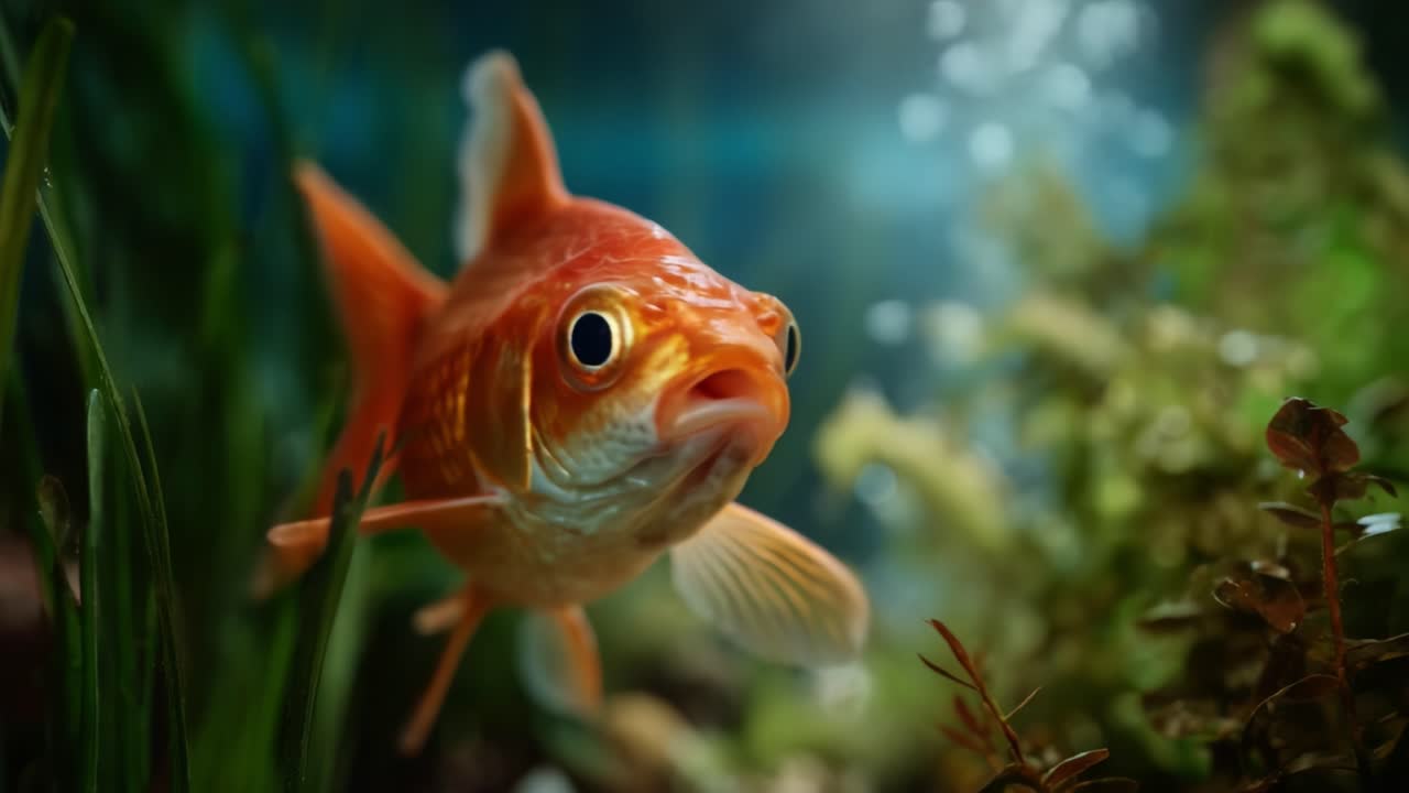 Affascinante viaggio subacqueo di un vivace pesce rosso che mette in mostra i suoi colori straordinari e le squame intricate tra la lussureggiante vegetazione acquatica e le bolle nell'acquario