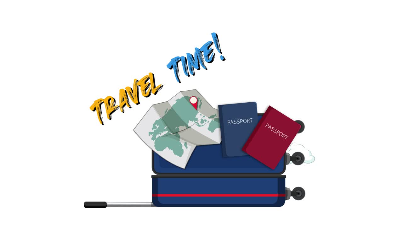 maleta con artículos de viaje y 'tiempo de viaje!' texto