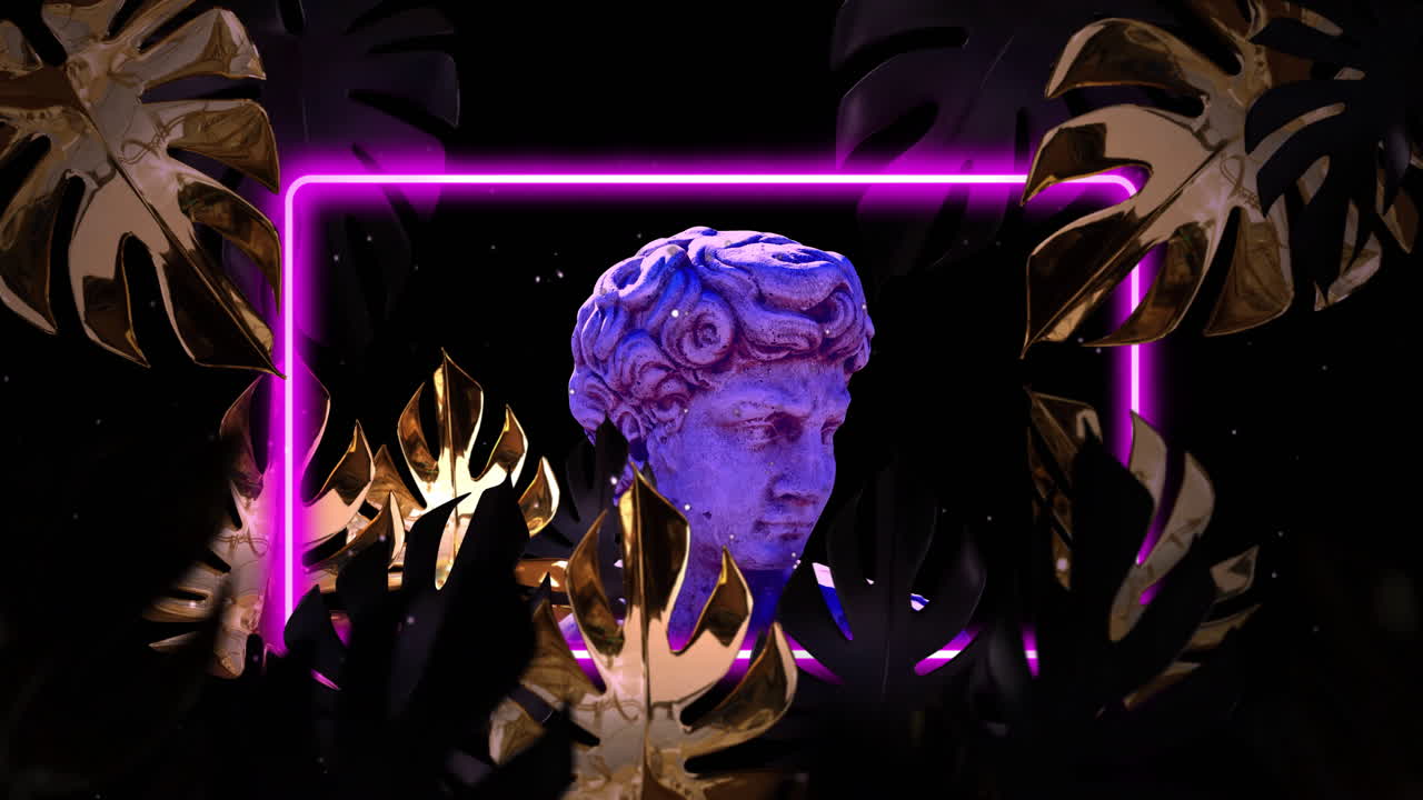 animación de la escultura gris del hombre sobre formas y hojas