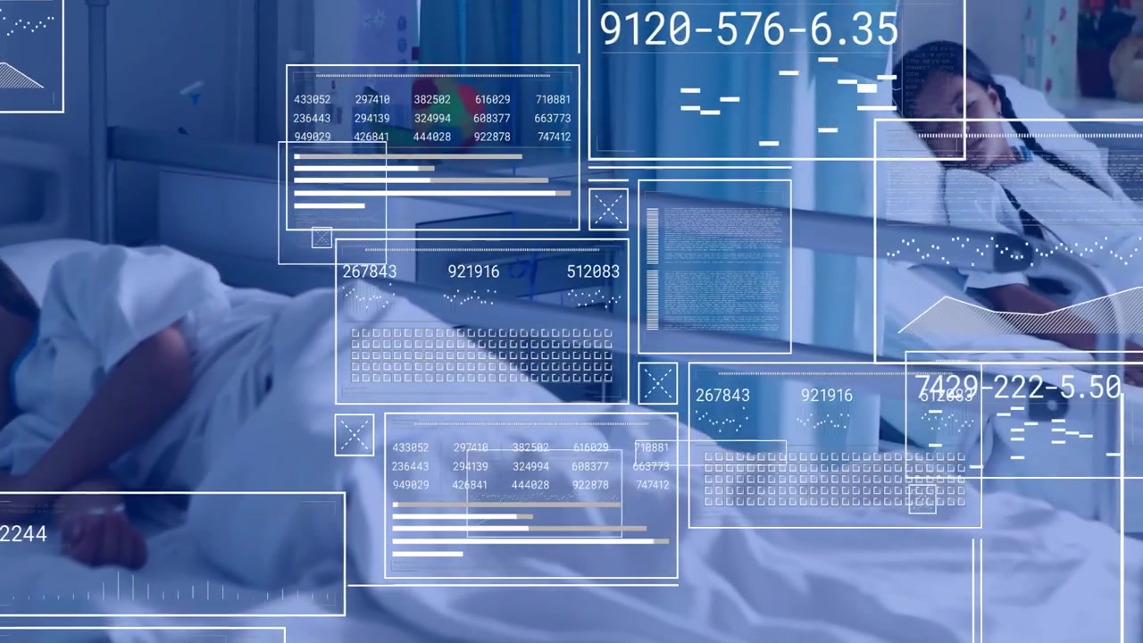 Male child sleeping and female child sitting up in pediatric ward, overlaying digital data panels
