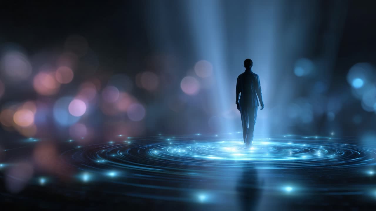 A solitary figure stands in a stunning display of ethereal light and swirling patterns, evoking a sense of mystery and exploration in an abstract environment