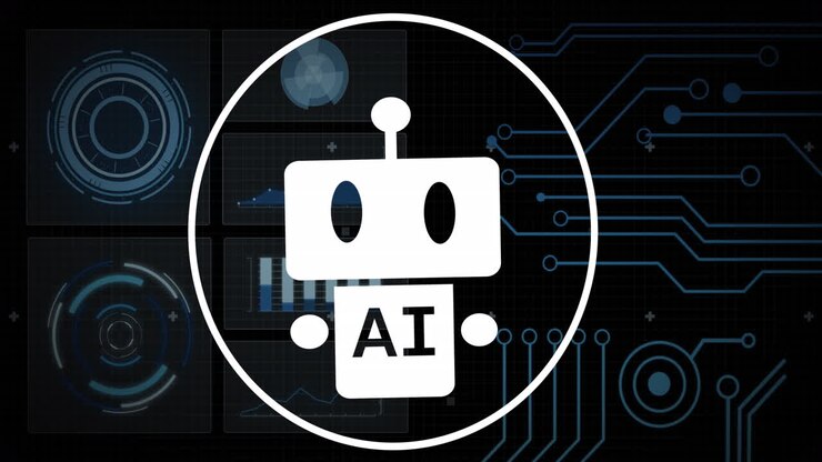 Animazione di testo AI, icone ed elaborazione dati su circuito stampato