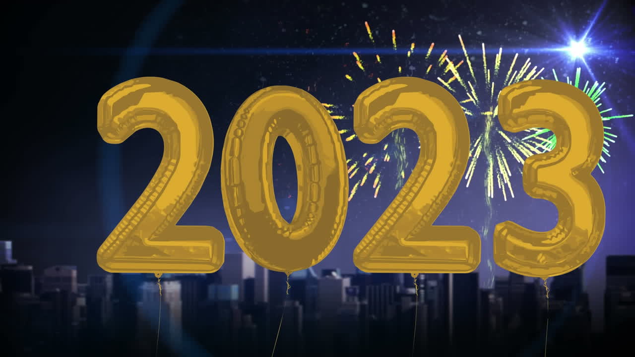 Animazione di palloncini 2023 e fuochi d'artificio su sfondo nero