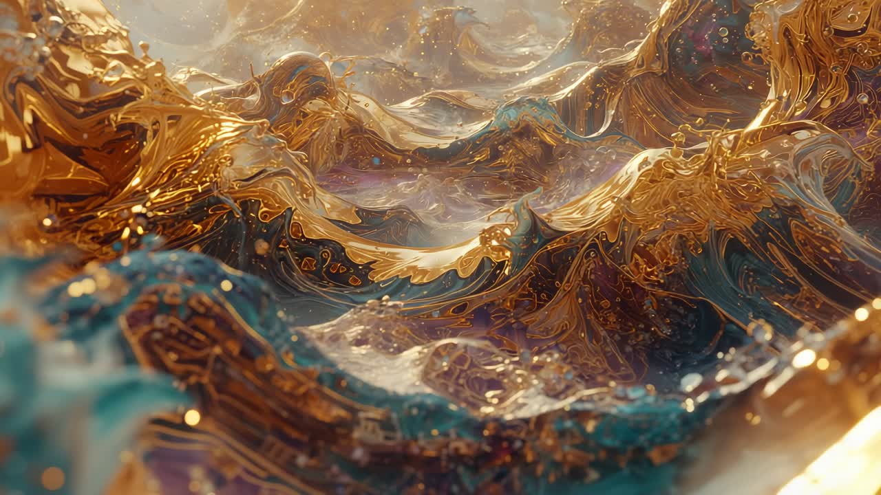 Starting clip with camera moving through molten gold liquid waves, with teal swirls, droplets