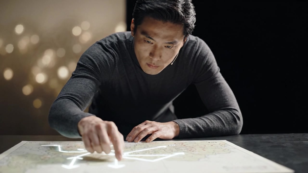 薄暗い環境で、詳細な地図を研究し、正確にルートをたどり、重要なランドマークを強調し、旅を計画する集中した男性