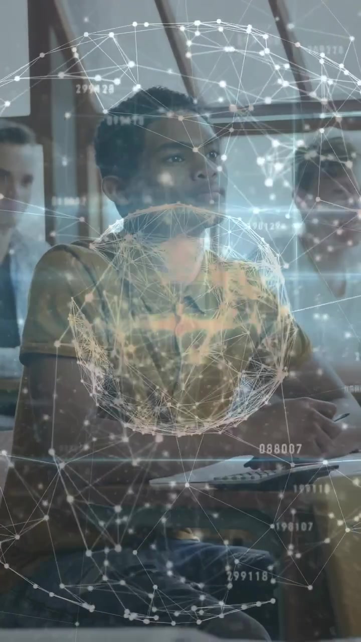 Vertical video: Class start, male student gazing while globe pulsing over torso showing network map