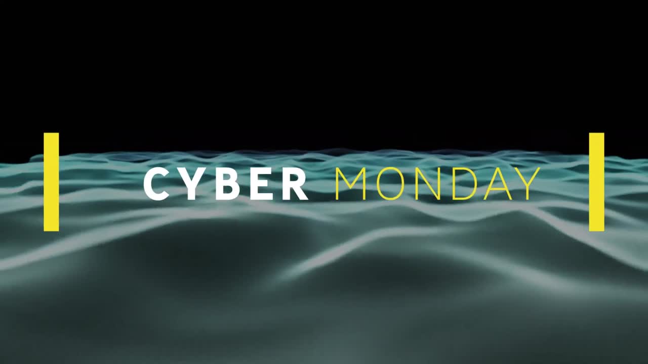 Animation of cyber monday text over waves on dark background