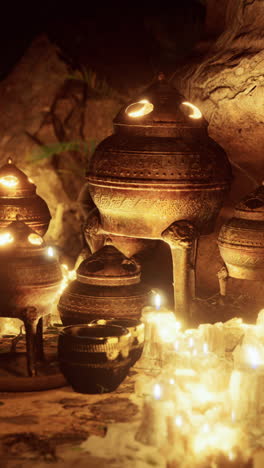 ancient lanterns and candles in a dark cave