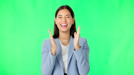 Winner,-celebration-and-business-woman-on-green