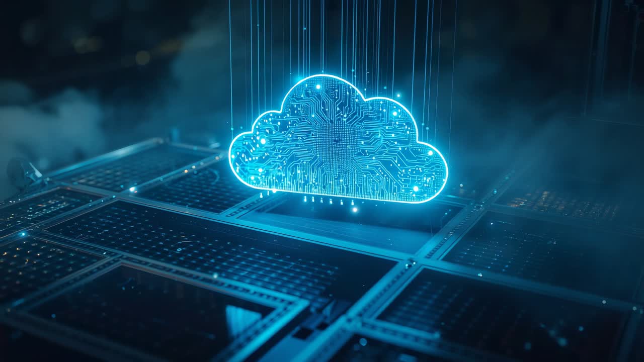 Materializing digital cloud sending data through light streams into circuit grid amid digital mist