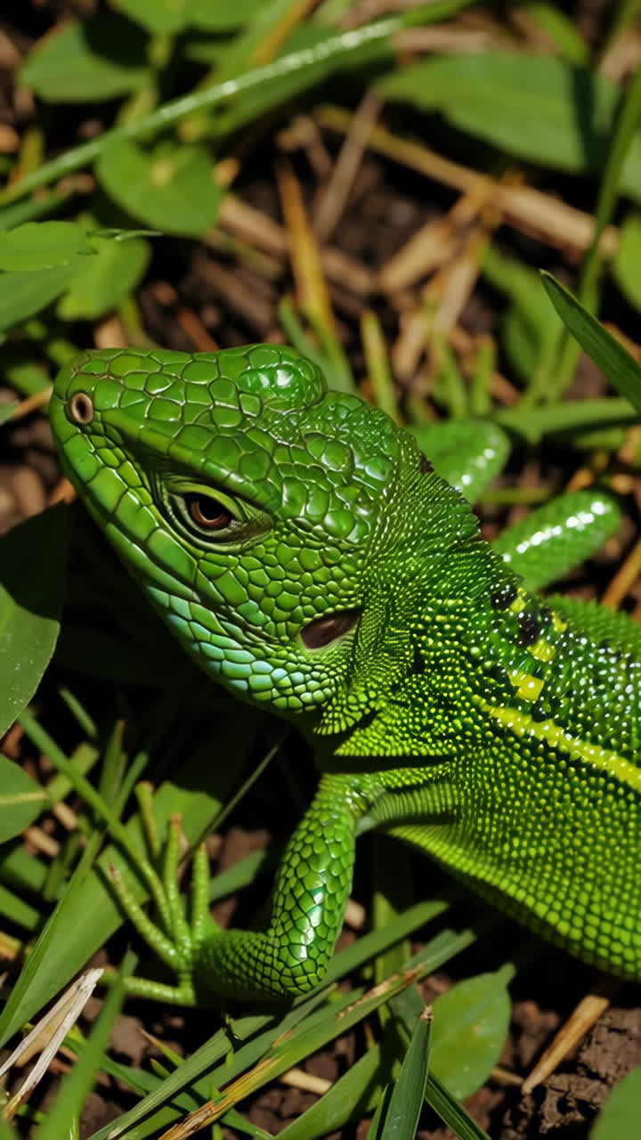 Un primo piano di una lucertola verde