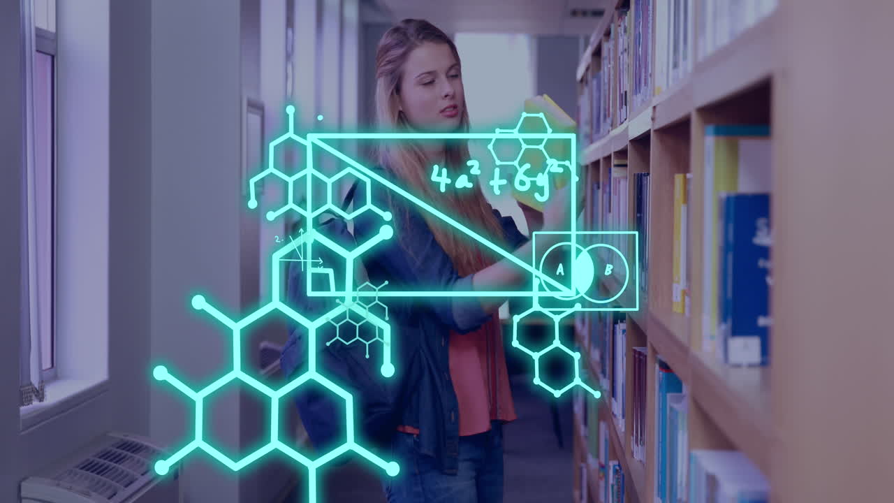 animación del procesamiento de datos científicos sobre una estudiante caucásica.