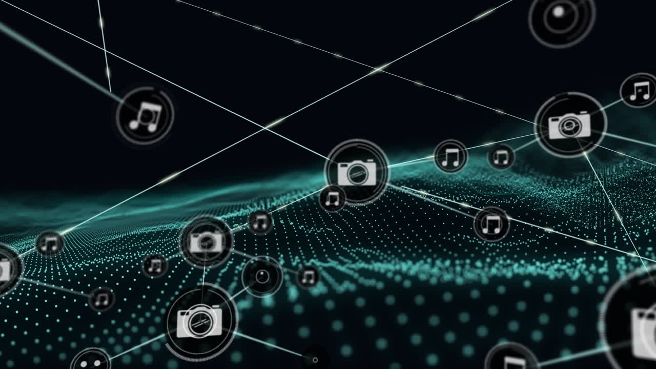 animación de la red de conexiones con iconos de música digital sobre malla verde