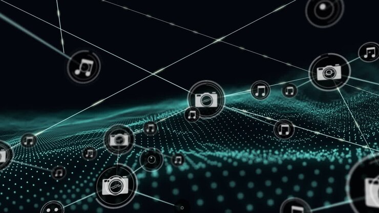Animation of network of connections with digital music icons over green mesh