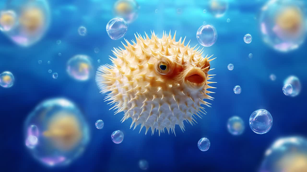 An Enigmatic Pufferfish Surrounded by Floating Bubbles in a Vibrant Underwater Scene, Showcasing Intricate Textures and the Serenity of Ocean Life