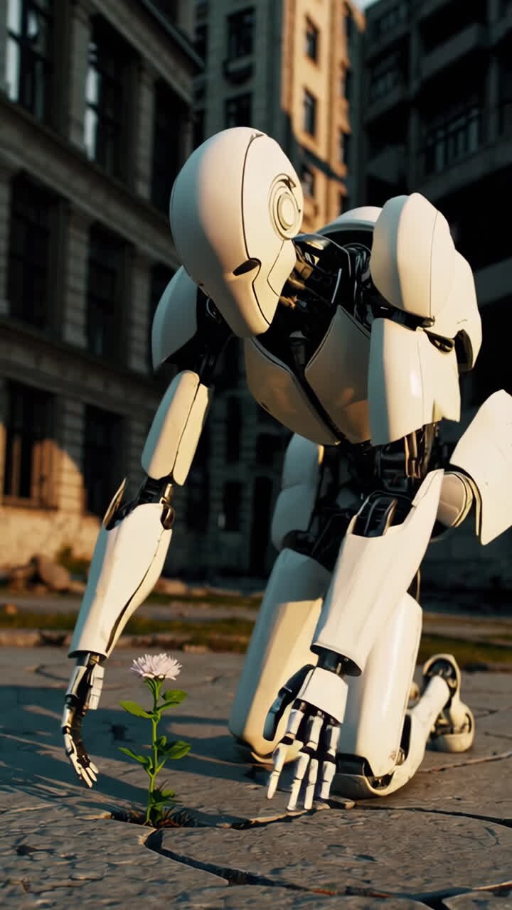 Robot e fiore in una città post-apocalittica