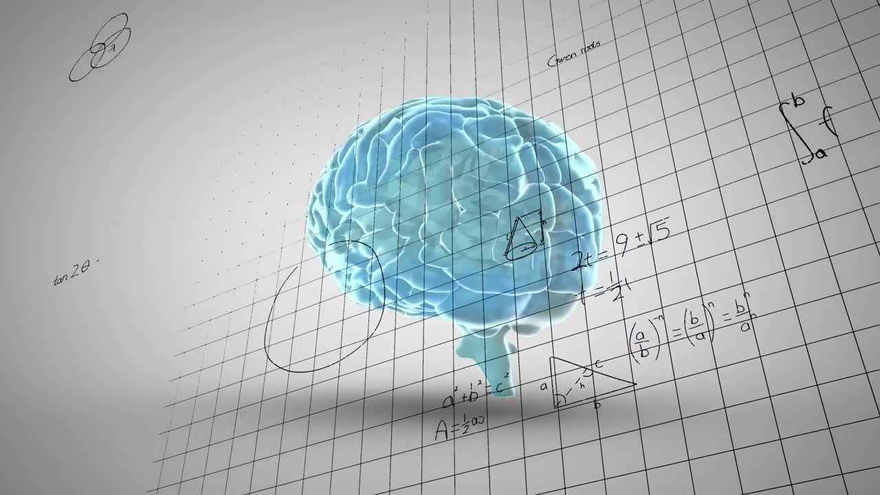 animación de ecuaciones matemáticas sobre el icono del cerebro humano giratorio contra un fondo gris.