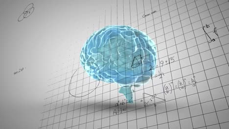 Animation-of-mathematical-equations-over-spinning-human-brain-icon-against-grey-background