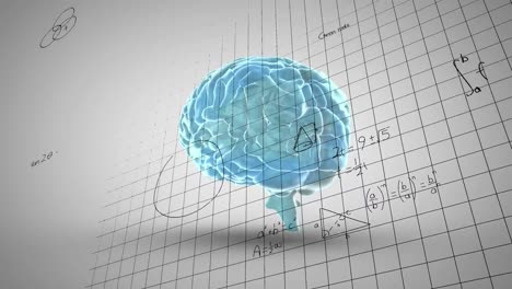 Animation-Mathematischer-Gleichungen-über-Dem-Symbol-Des-Sich-Drehenden-Menschlichen-Gehirns-Vor-Grauem-Hintergrund