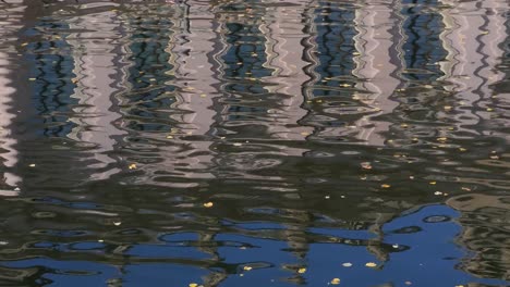 distorted reflection of pink building on water