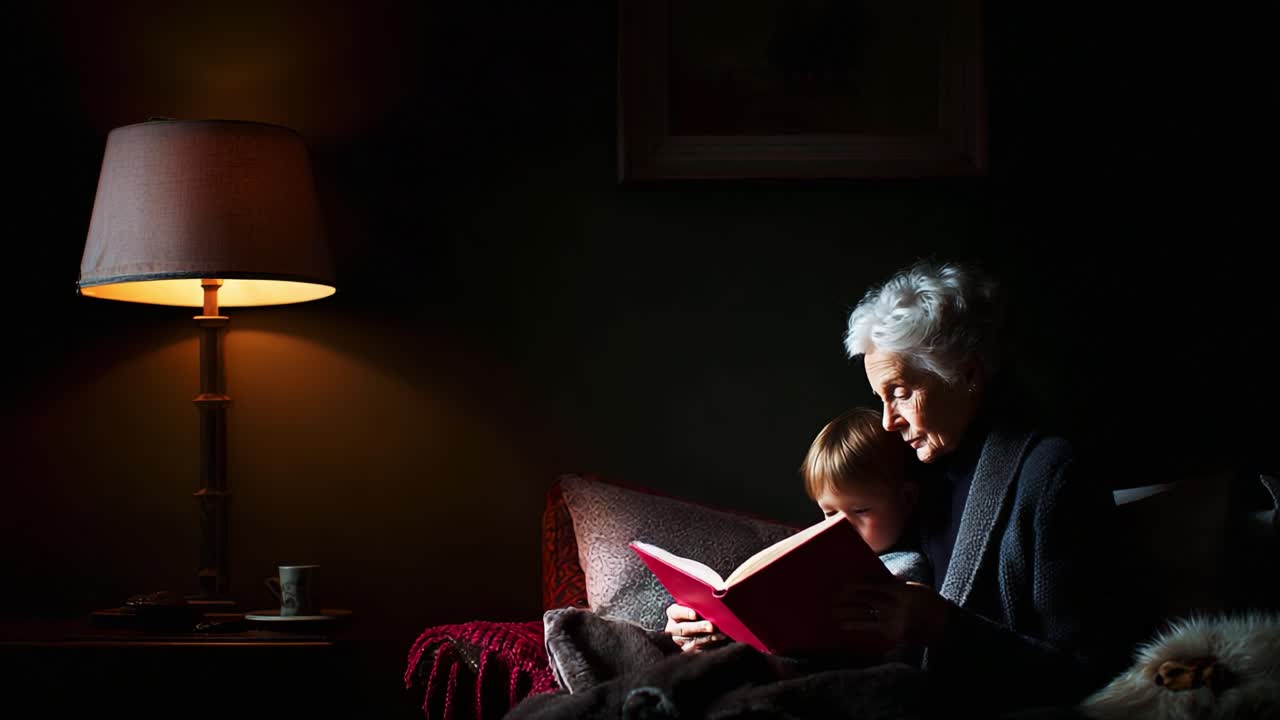An intimate moment shared between a grandmother and her grandchild, reading a pink book together under warm light, creating a cozy atmosphere during a quiet evening at home