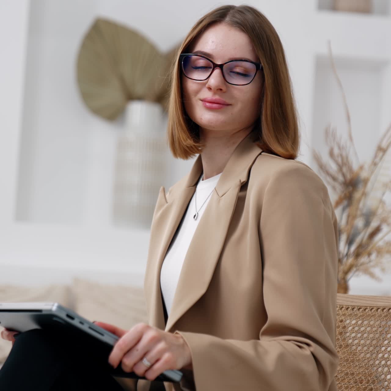 Signora bruna con occhiali e giacca che tiene un portatile tra le mani. Ritratto di una giovane donna sicura di sé al lavoro.