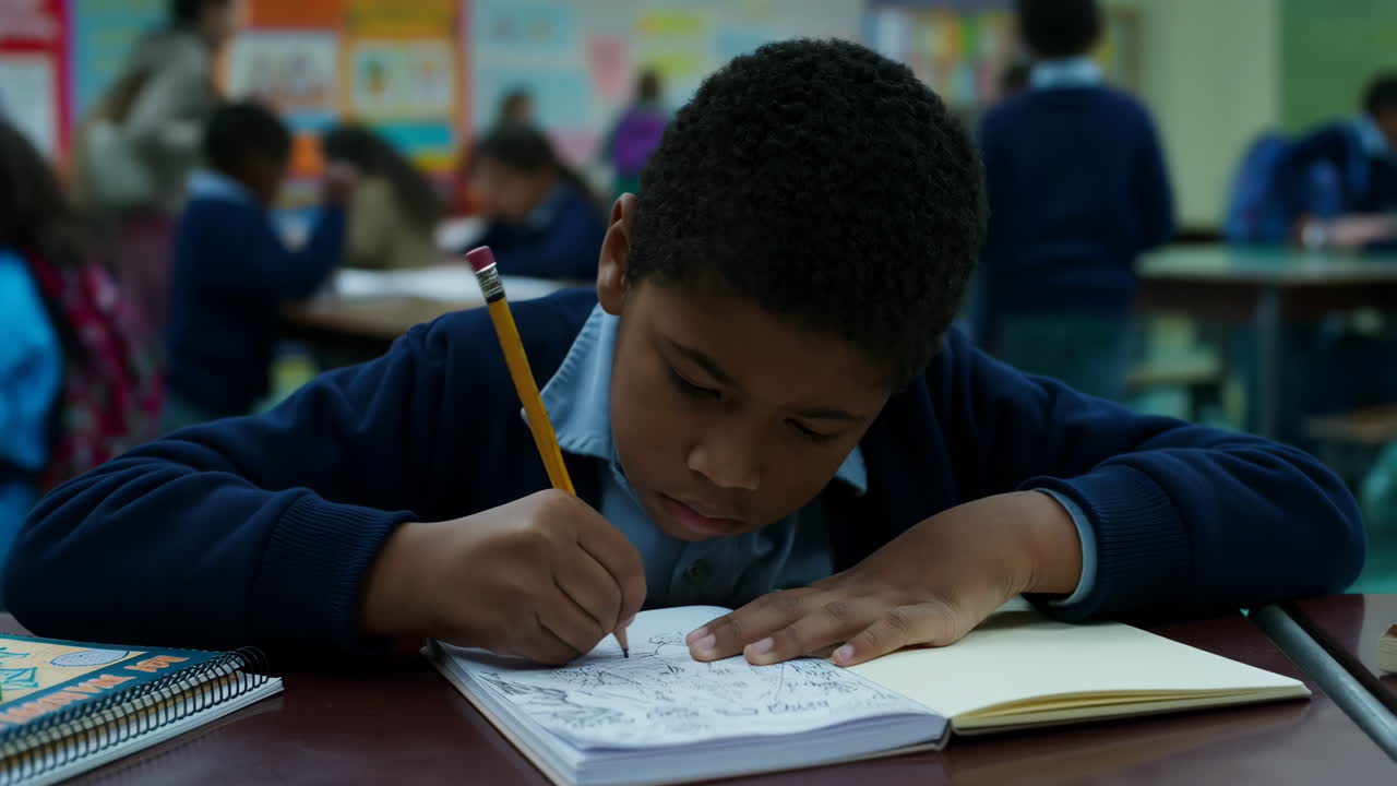 Young Boy Drawing in a Notebook in a Classroom