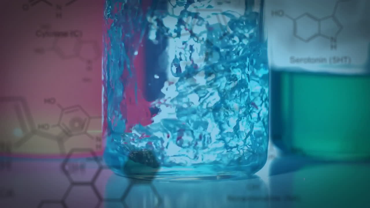 Animation shows beakers filled with chemicals and data on a blue background.