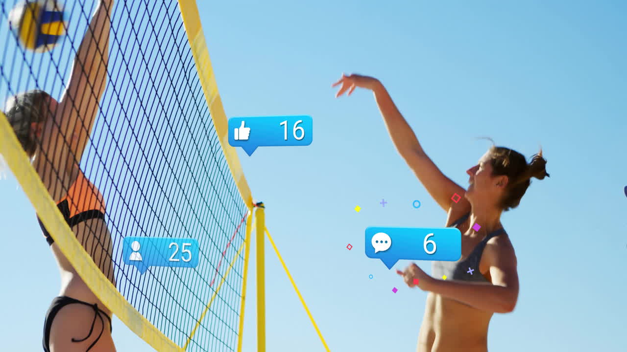 Animation of beach volleyball players with social media icons displaying likes