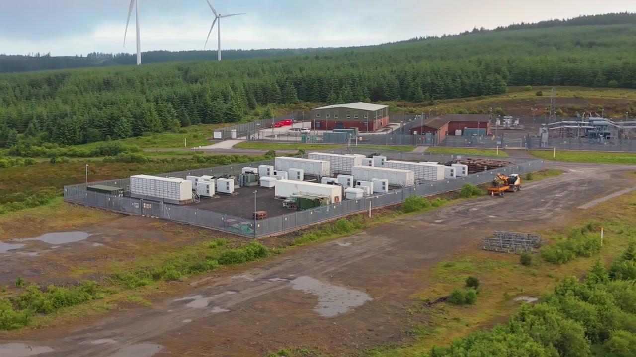 Orbiting High Altitude Wind Farm with BESS Battery Energy Storage System near Substation in UK.