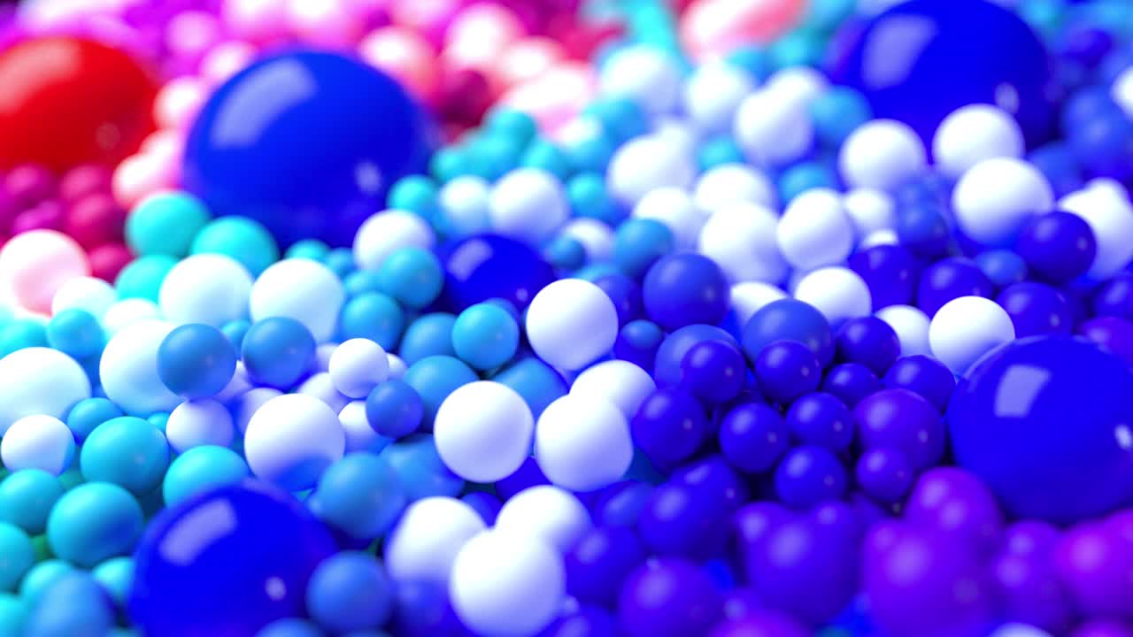 표면을 는 다채로운 공을 가진 빛의 구성, 그 중 일부는 빛납니다. 3d에서 4k 추상적인 배경, 현장 깊이와 함께 구의 흐르는 애니메이션