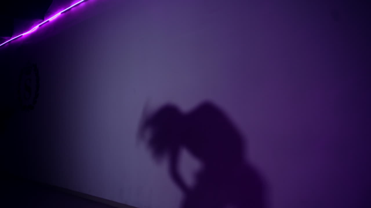 Female shadow moving gracefully on the purple wall. Woman dancing in the dark room.