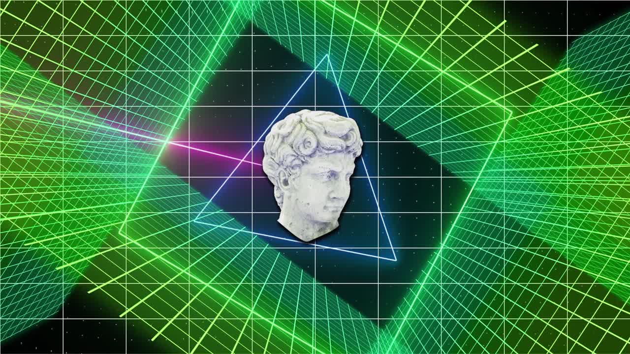 검은색 배경에 다채로운 모양을 간섭하는 머리 조각의 애니메이션