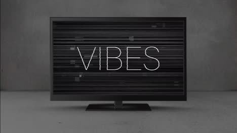 Animation-of-vibes-text-in-white-over-interference-on-flat-screen-monitor,-on-grey-background