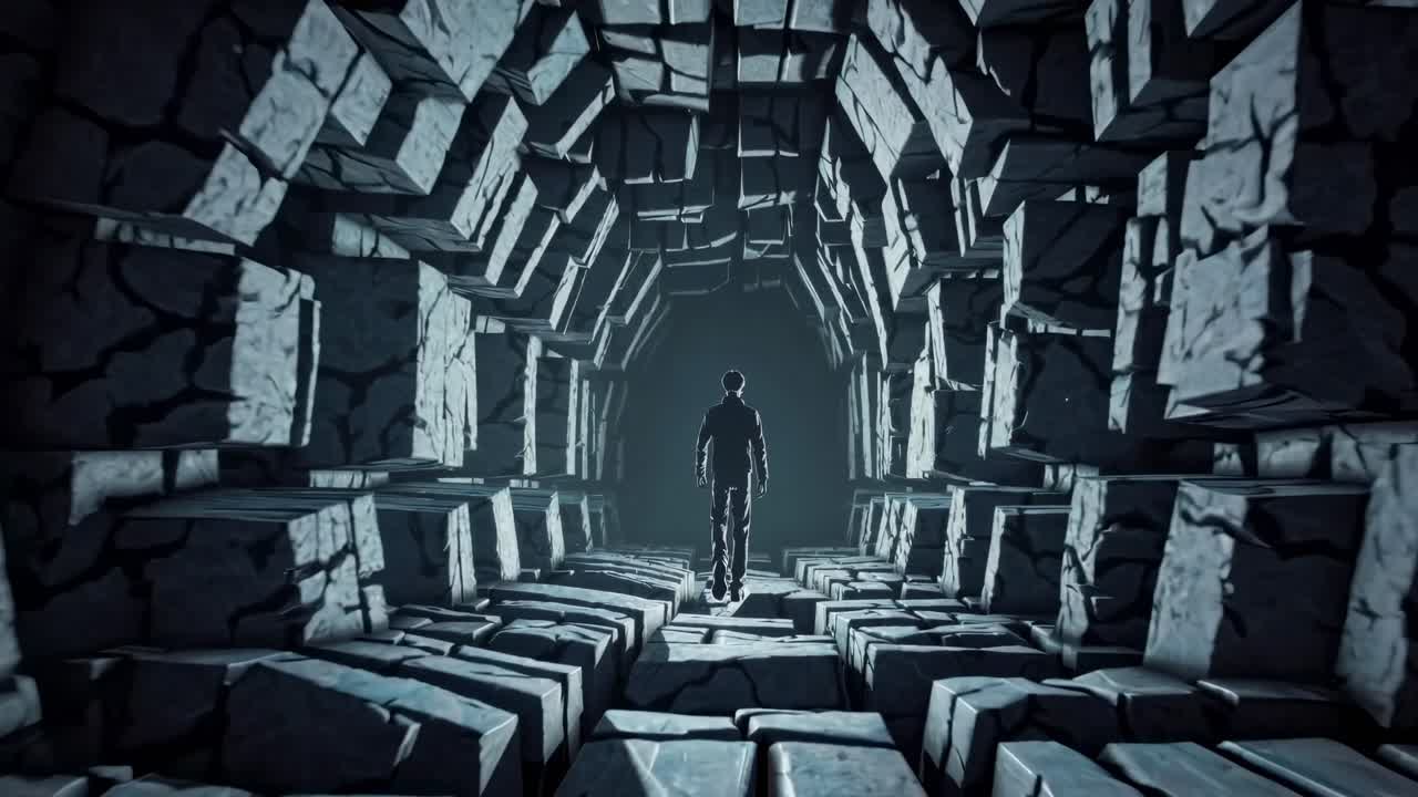 Man walking through shadowy stone tunnel, navigating crumbling passageway with mysterious silhouette, creating haunting underground environment suggestive of hidden journey