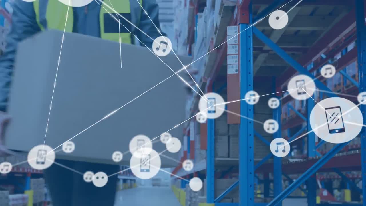 animación de la red de conexiones con iconos sobre el hombre que trabaja en el almacén