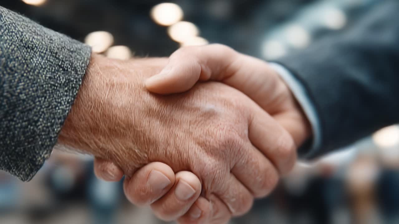 Close up of two professional businesspeople shaking hands, signifying a successful deal, greeting, or partnership, with a blurred office background highlighting the corporate environment
