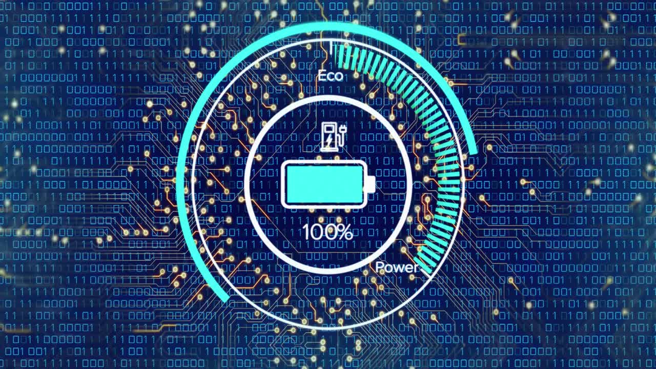 Animation of computer circuit board with data processing and battery icon