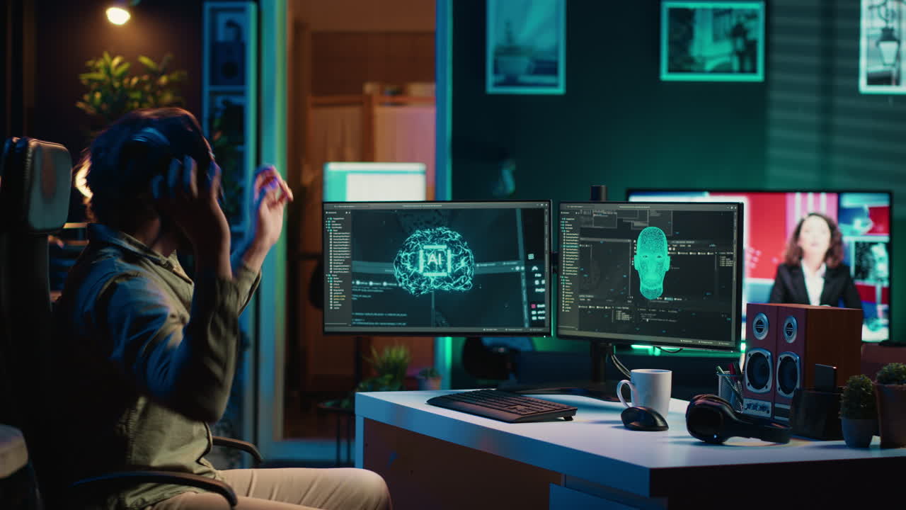 Developer using VR headset panicking after sentient AI gains autonomy