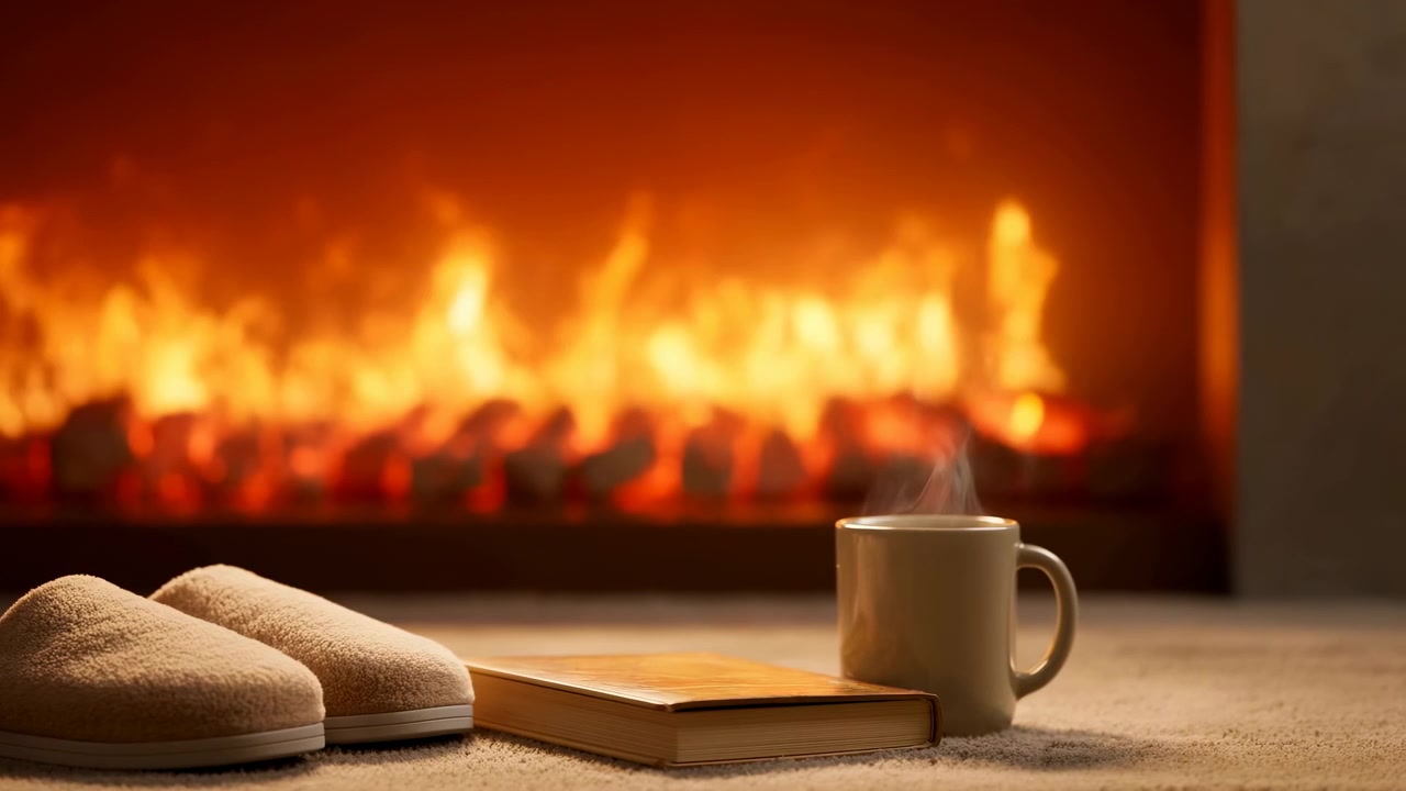 Cozy Fireplace Scene With Slippers Book And Steaming Mug Warm Orange Glow From Flickering Flames, Soft Rug