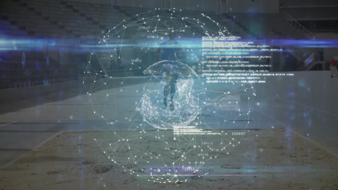 Male athlete standing center arena exploring holographic network orb with glowing technology nodes