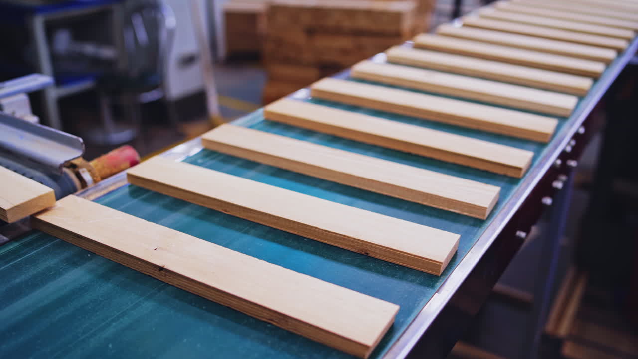 Wooden boards moving on a conveyor line. Modern factory of parquet production. Manufacturing of furniture.