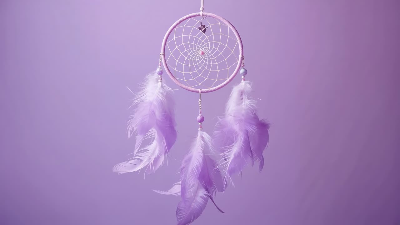 Draft causing dreamcatcher feathers shifting gently on purple wall, showcasing pink and blue beads