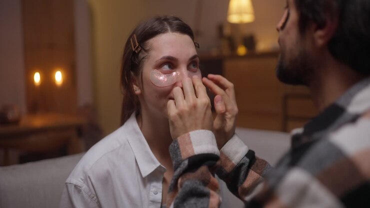 Couple applying eye patches at home