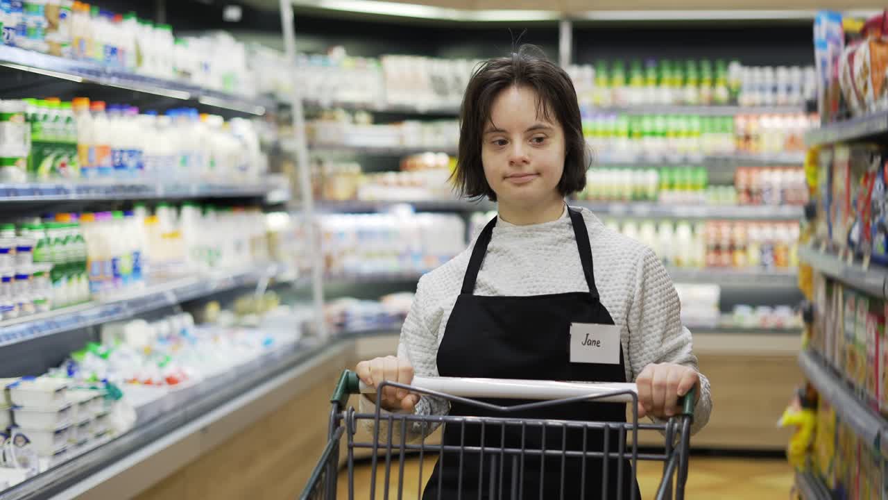 다운 증후군 을  ⁇ 고 있는 상점 직원 이 지역 슈퍼마켓 에서 쇼핑 카트 를 밀고 있다