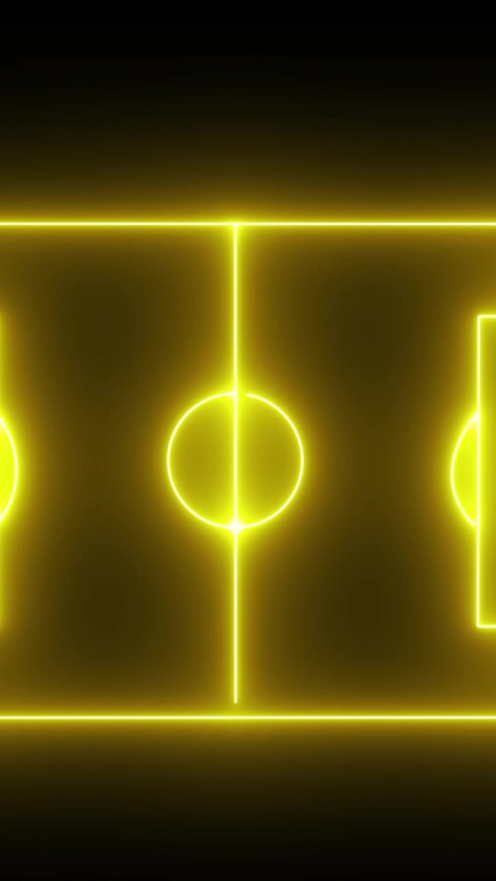 Animation of yellow digital wave over neon soccer field layout against black background